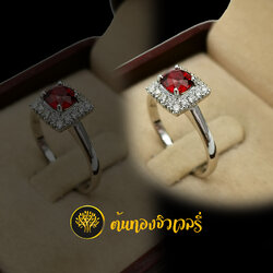 แหวนเงิน พลอยแดง ฝังเพชรทรง4เหลี่ยม