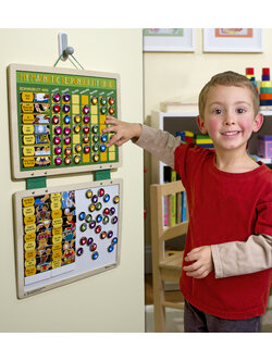 กระดานแม่เหล็กทั้งชุด สองแผ่นต่อกันด้วยสายผ้าแข็งแรง กระดานแผ่นบนบอกตารางการทำหน้าที่ต่างๆ ส่งเสริมการมีความรับผิดชอบ My Magnetic Responsibility Chart Melissa&Doug, ของเล่นเสริมพัฒนาการ, ของเล่น