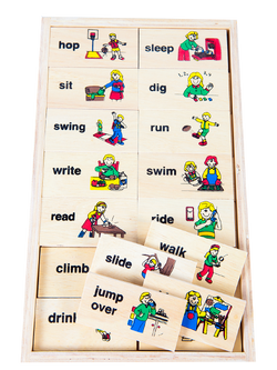 โดมิโนภาพกับคำอ่านภาษาอังกฤษชุด อริยาบท , ของเล่นไม้, ของเล่นเสริมพัฒนาการ, ของเล่นเด็กอนุบาล, สื่อการสอนเด็กอนุบาล