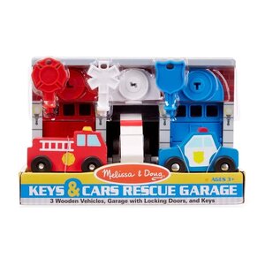 ชุดเล่นรถกู้ชีพ พร้อมโรงจอดรถ Melissa & Doug Keys & Cars Rescue Garage (Lock & Roll Fire Truck) รุ่น4607 ของเล่นเสริมพัฒนาการเด็ก