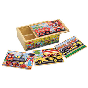 จิ๊กซอไม้ 4-in-1 สี่แบบในกล่องเดียว พร้อมกล่องเก็บอย่างดี Vehicles Jigsaw Puzzles in a Box Melissa&Doug, ของเล่นเสริมพัฒนาการ, ของเล่น