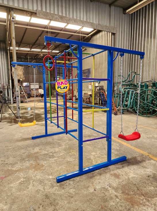 ชุดรวมM เครื่องเล่นสนามกลางแจ้ง เครื่องเล่นสนามแบบเหล็ก ประกอบด้วยชิงช้าปีนป่ายบาร์โหน OutdoorPlayground,ผลิตเครื่องเล่นสนาม,สนามเด็กเล่น,เครื่องเล่นงบสพฐ.ประชารัฐ ราคาโรงงาน ขนาด 150x195x188 ซม.