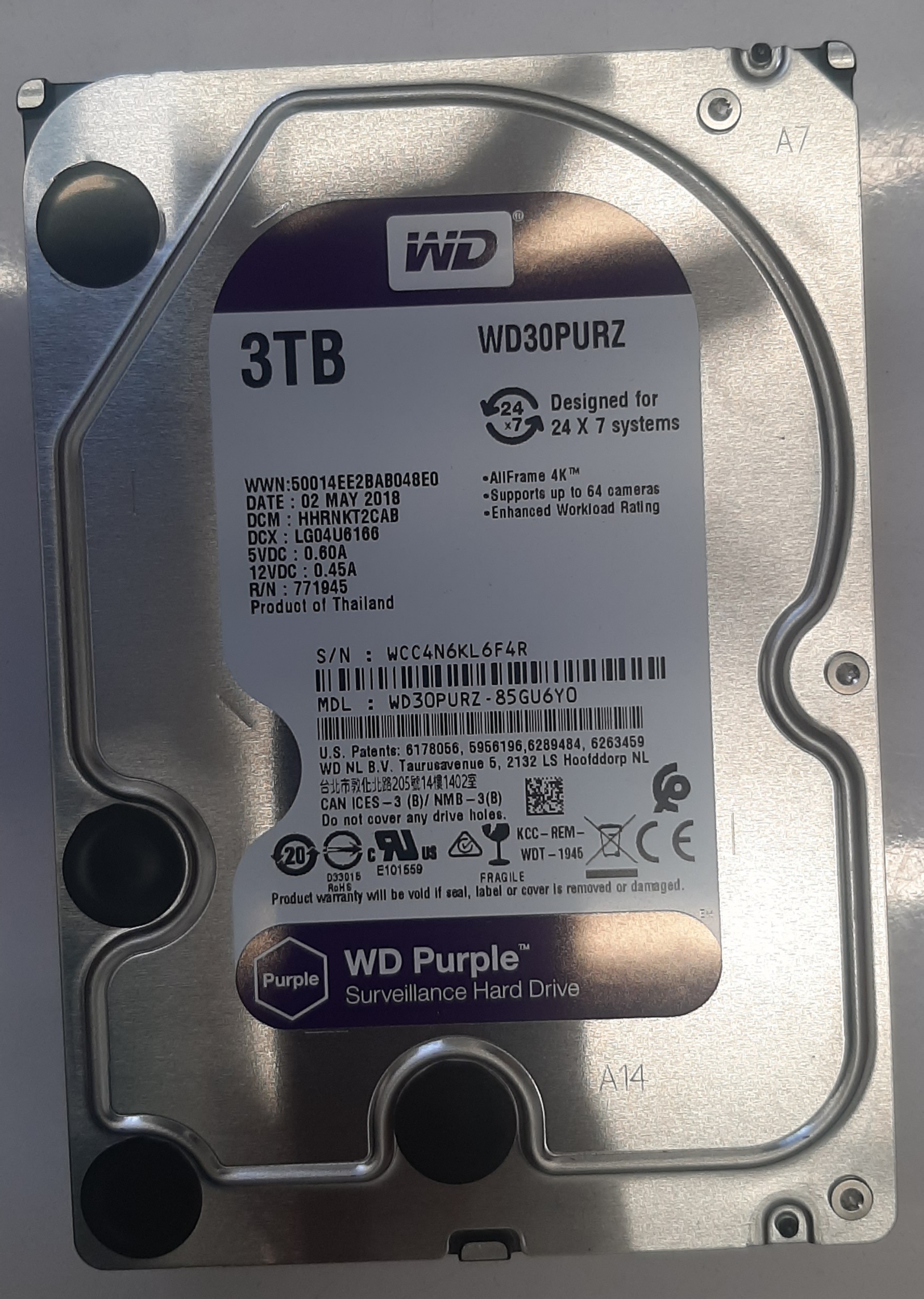 WD Purple 3TB SATA 3.5 6Gbps 7200RPM สภาพดี ฮาร์ดดิสมือสอง ประกันร้าน 1 เดือน