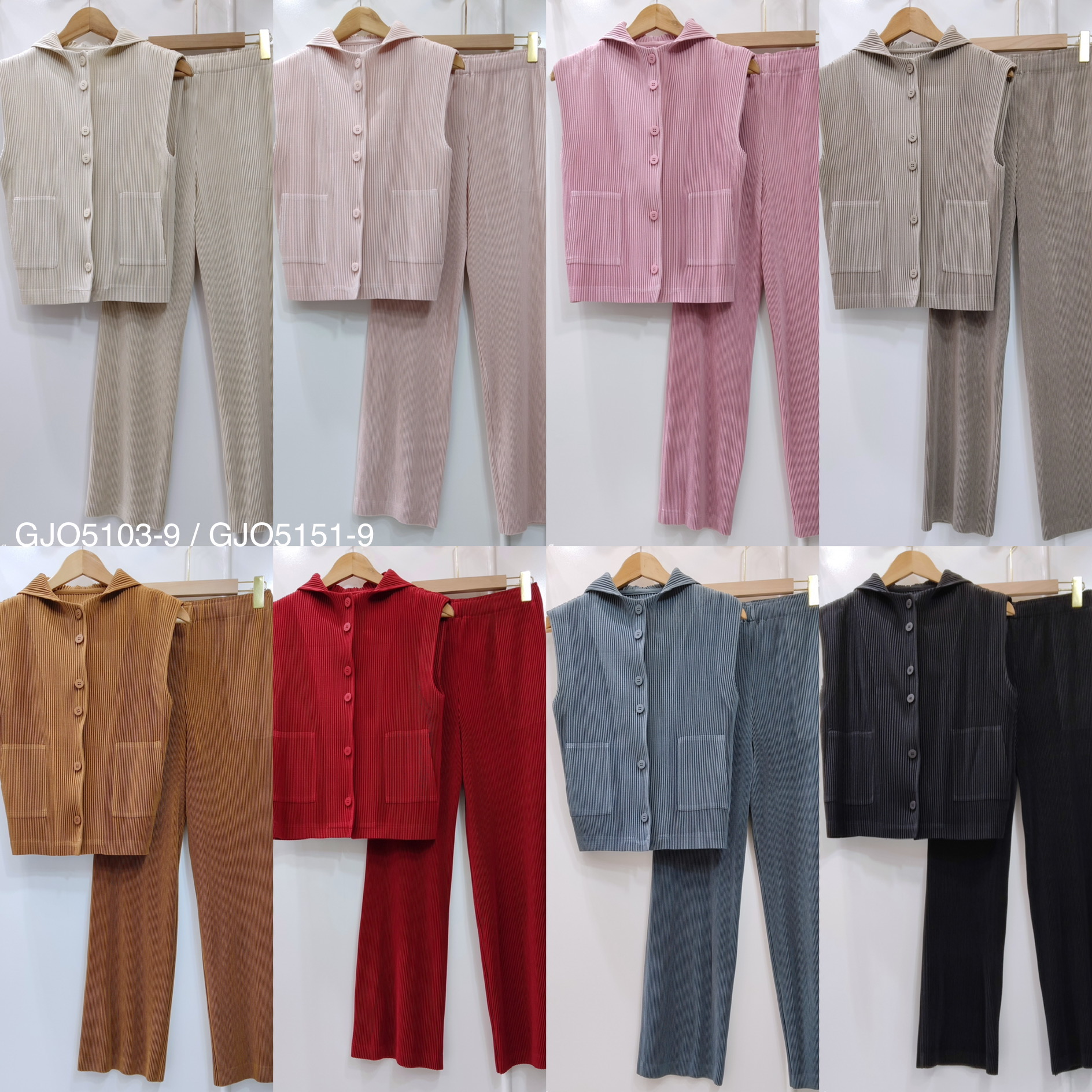 2MUAY รุ่น GJO5103-9 / GJO5151-9 เซ็ตพลีทคุณภาพ THICK SLEEVELESS HOODED TOP WITH PANT PLEATED SET 8สี FREE SIZE