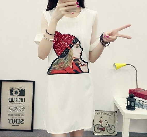 เดรสแฟชั่น ลายตามแบบ แขนซีทรู ลายตามแบบ สีขาว