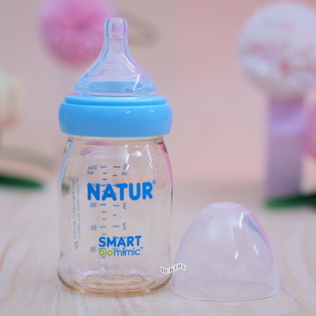 NEW-Natur เนเจอร์ ขวดนมเนเจอร์ไม่ดูด ไม่ไหล คอกว้างสมาร์ทไบโอมิมิคสีชาPES 5 ออนซ์