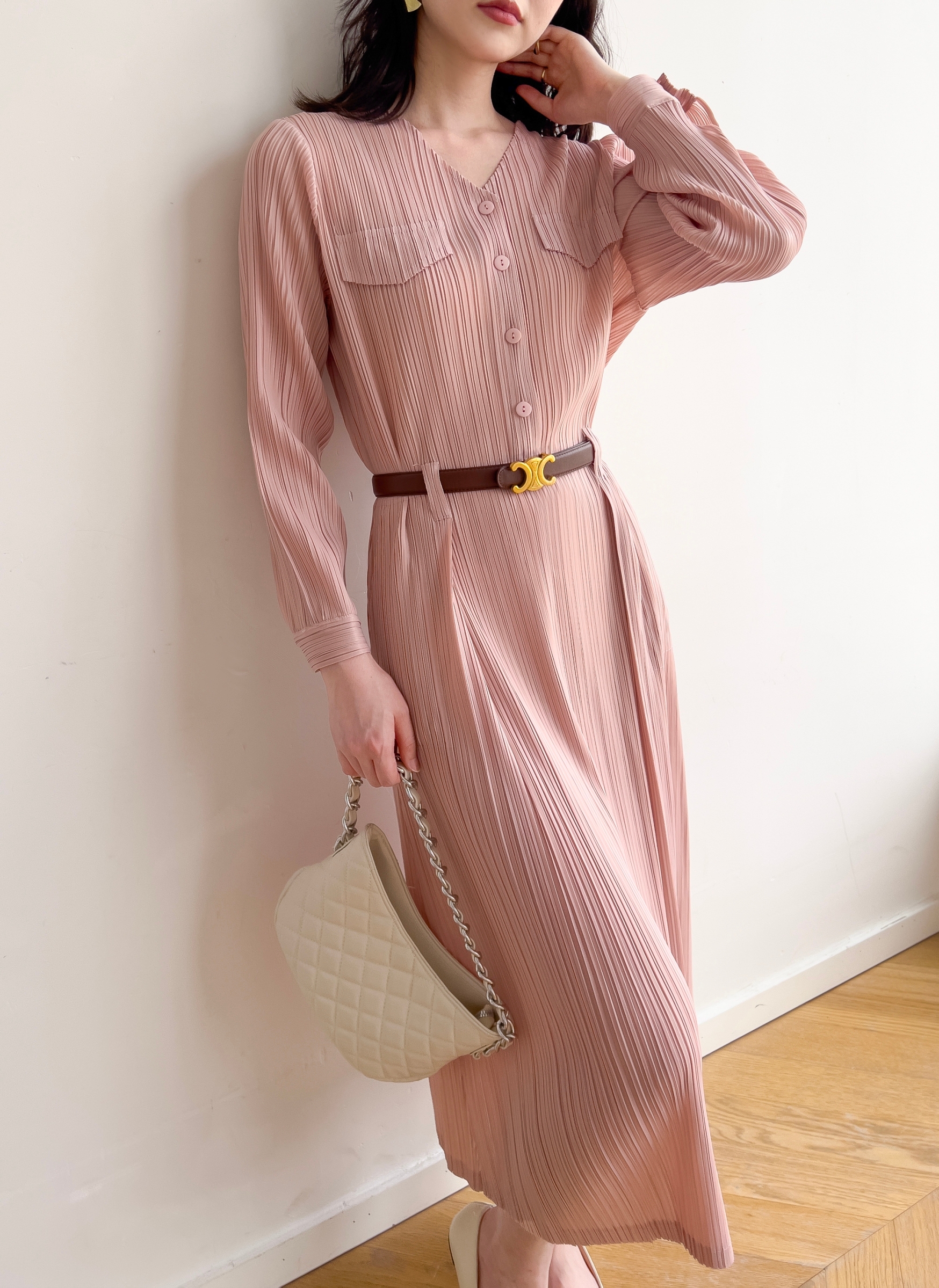 2MUAY รุ่น GJO1135 เดรสพลีทคุณภาพ V NECK LONG SLEEVE PLEATED DRESS 8 สี FREE SIZE