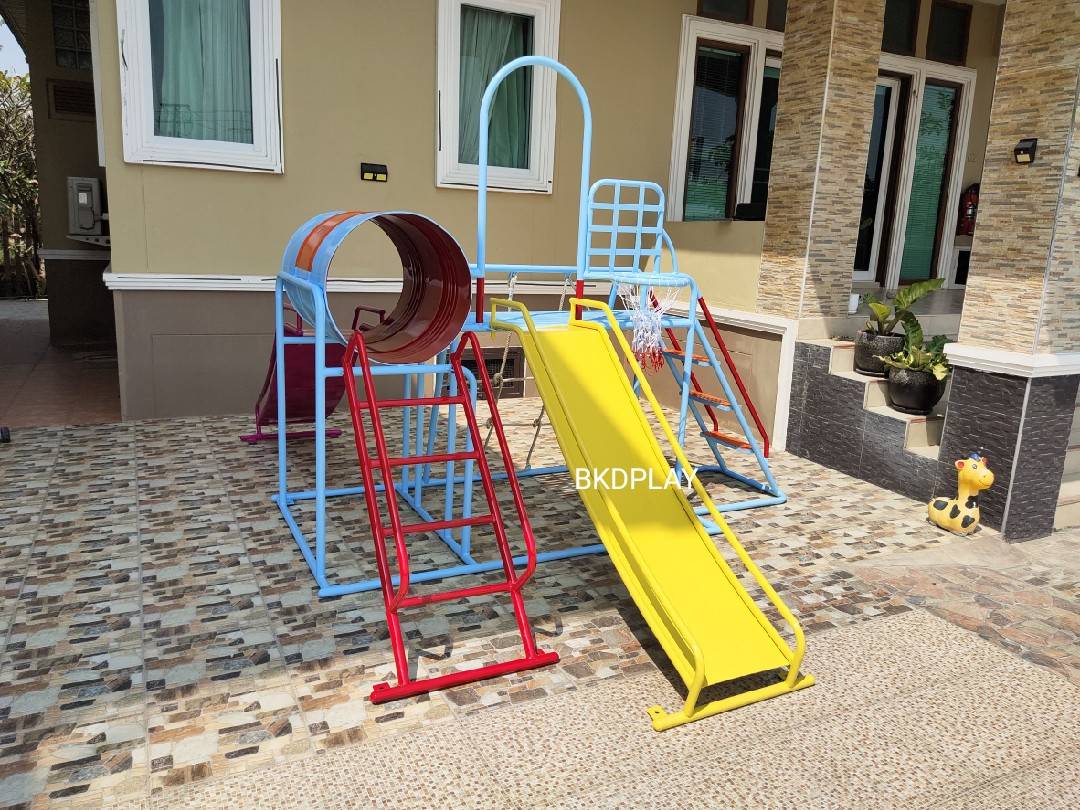 เครื่องเล่นสนามชุดรวมD ประกอบด้วยสไลเดอร์ปีนป่ายแป้นบาสและถังลอด, เครื่องเล่นสนามกลางแจ้ง , เครื่องเล่นสนามเหล็ก, ของเล่น, OutdoorPlayground,สนามเด็กเล่น,เครื่องเล่นงบสพฐ.ประชารัฐ ราคาโรงงาน