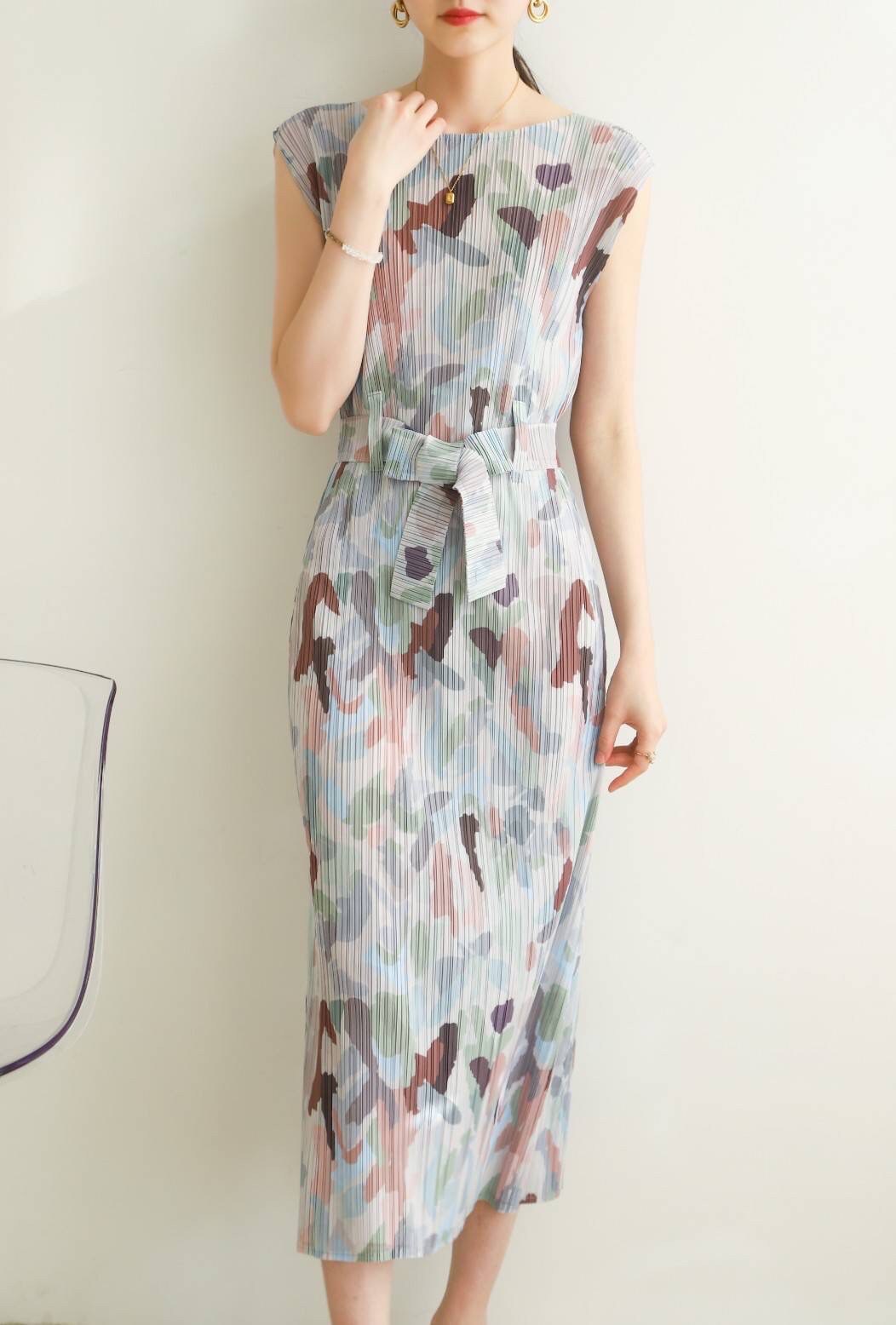 2MUAY รุ่น GJO6946 เดรสอัดพลีท SLEEVELESS PRINTED PLEATED DRESS 4 สี FREE SIZE
