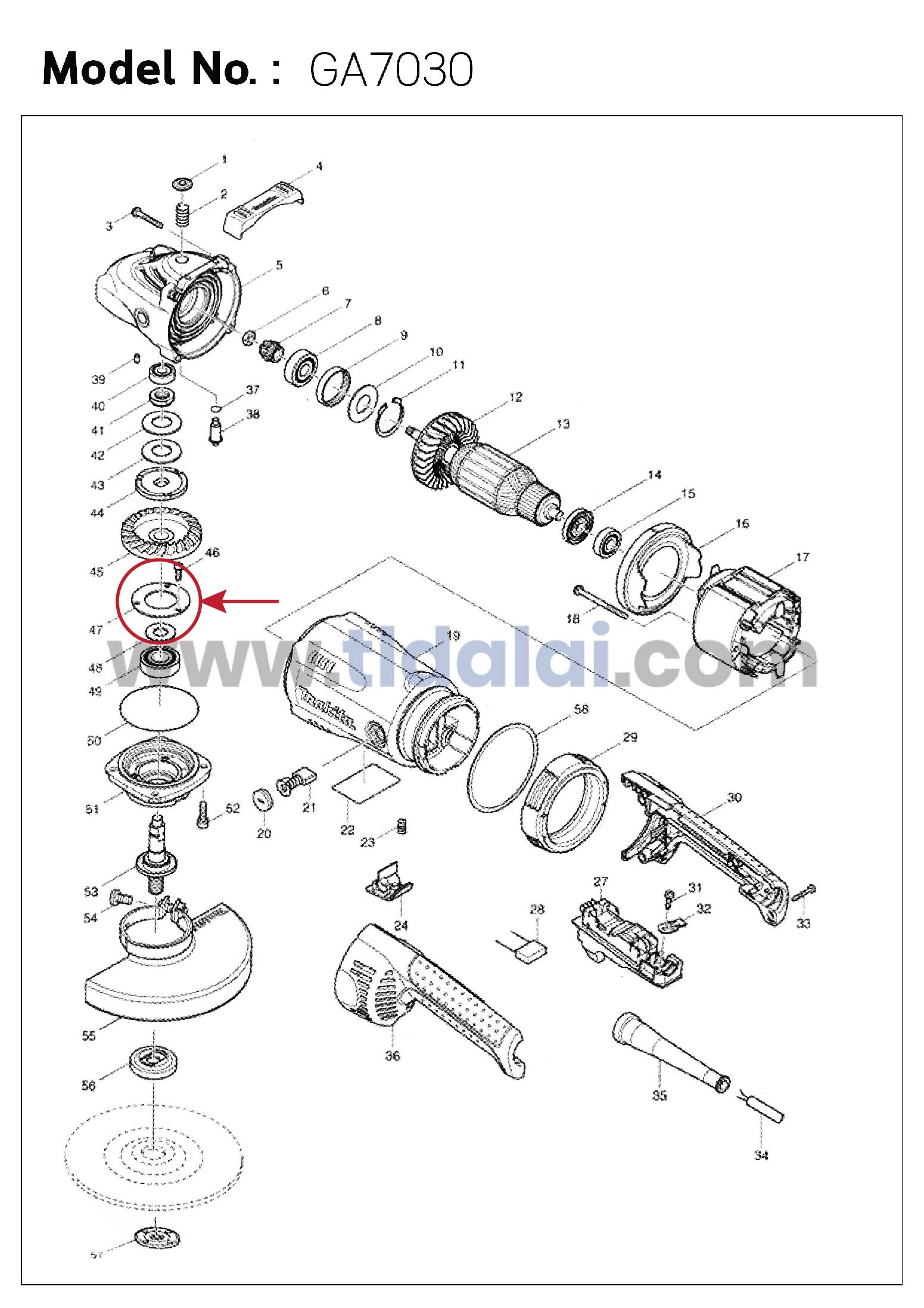 แผ่นรองลูกปืนแกนเฟือง (แท้) (285724-1) หินเจียร Makita มากีต้า รุ่น M9000, B, GA7020, GA7030, GA9030 - Maktec รุ่น MT900, MT901, MT903 (285724-1) (อะไหล่แท้ 100%) BEARING RETAINER 50