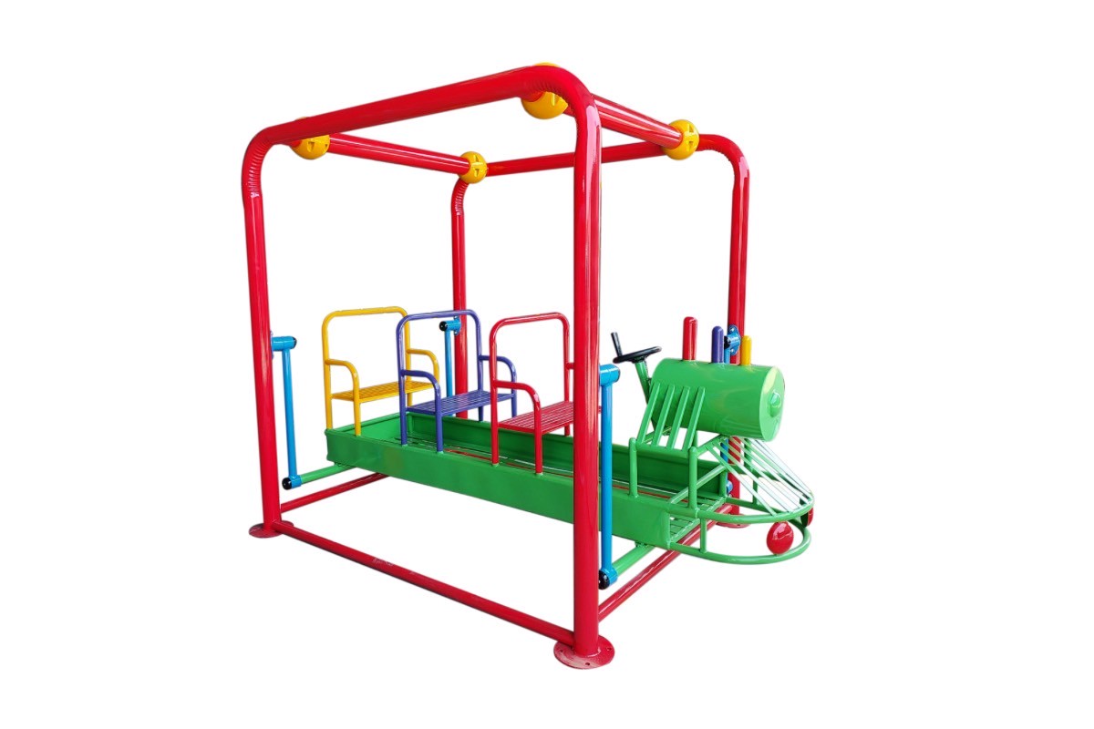 เครื่องเล่นสนามกลางแจ้ง เหล็ก ชุดรถไฟโยก 6 ที่นั่งปรับขนาดใหม่ตามมาตรฐาน มอก. รถโยก Outdoor Playground, ราคาโรงงาน ขนาด 130x 200x 175 ซม.