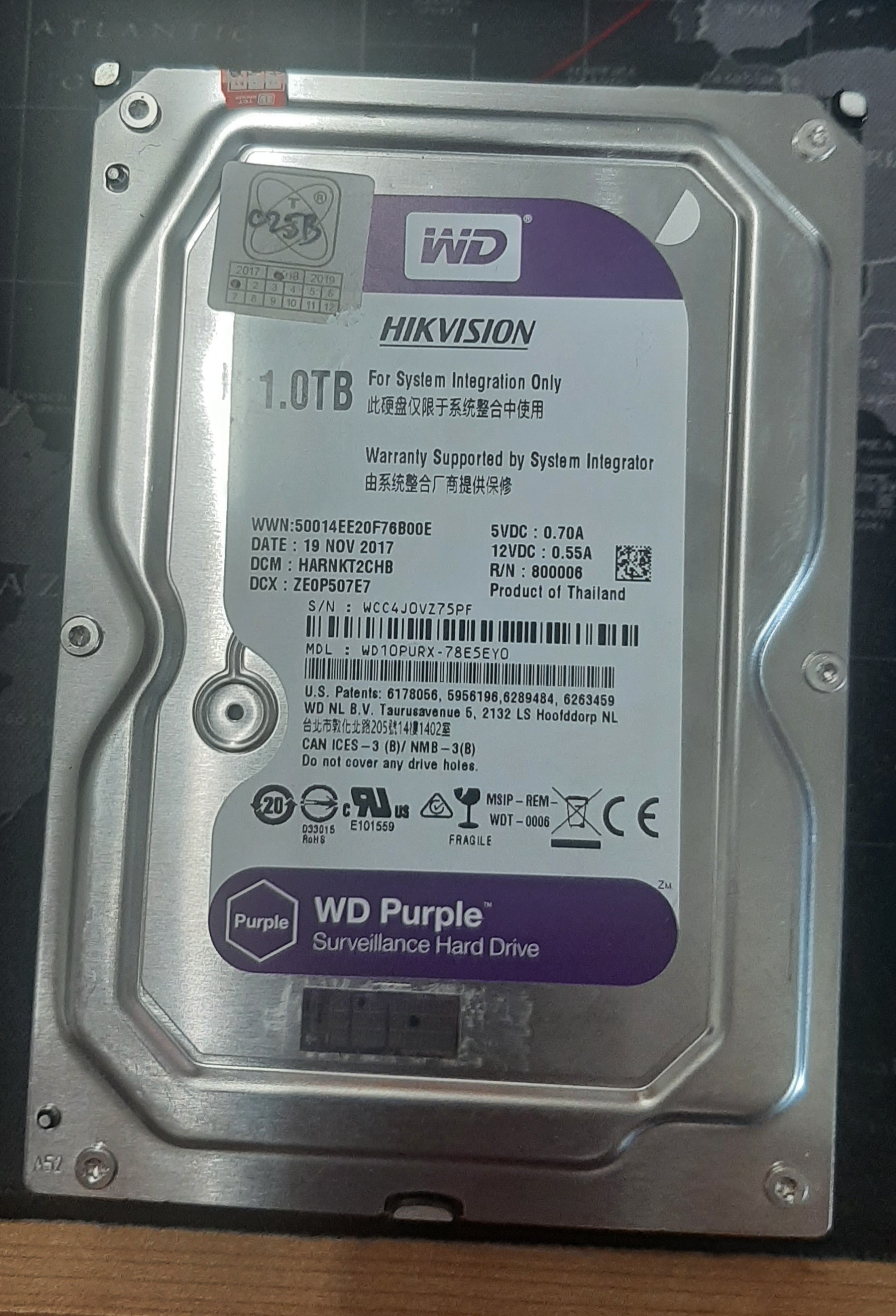 ฮาร์ดดิส WD Purple 1TB Sata 3.5 6Gbps 7200RPM มือสอง ประกันร้าน 1 เดือน