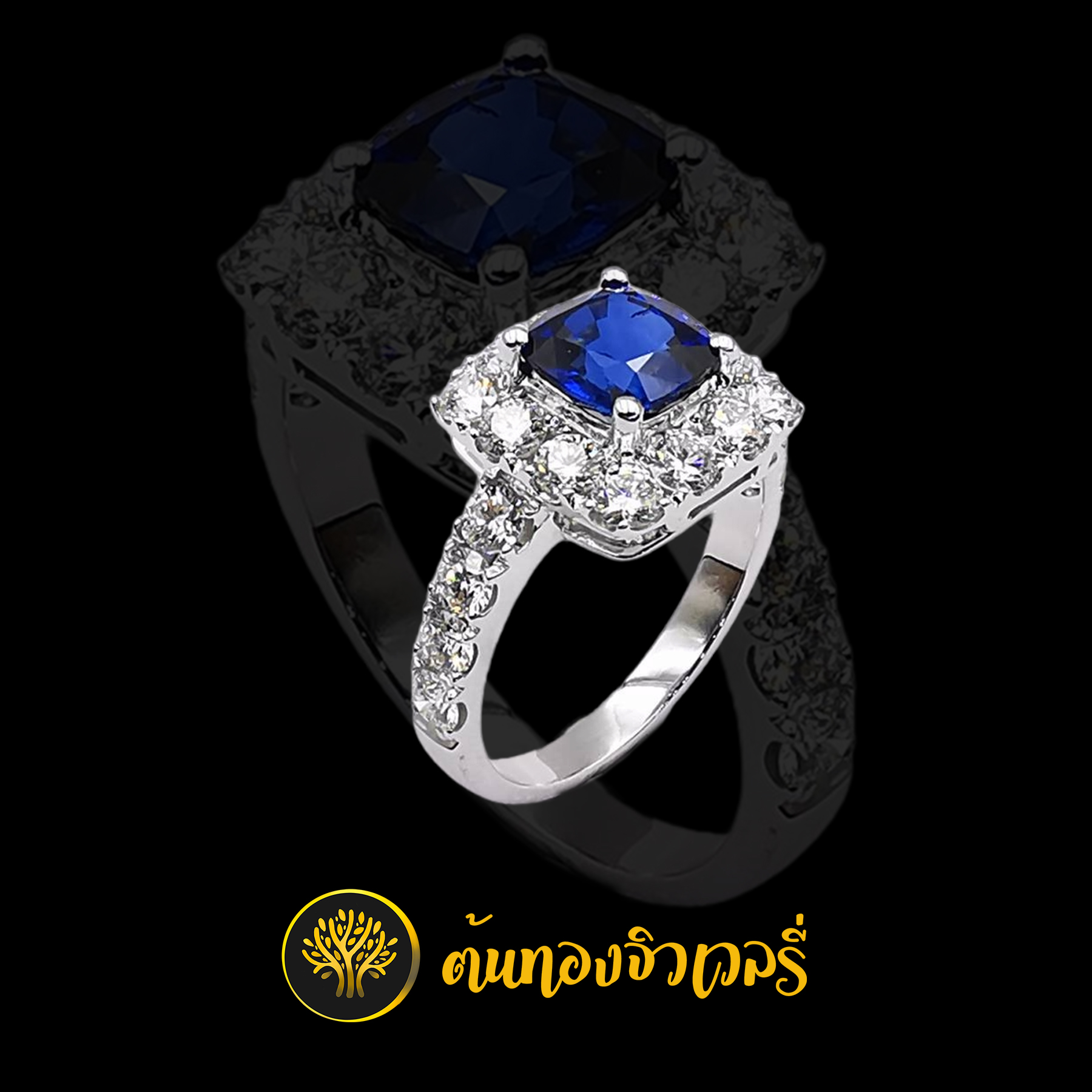 แหวนเงินไพลิน ล้อมเพชร บ่าข้าง โดดเด่นด้วย ไพลินสีน้ำเงิน สวยจัดๆ