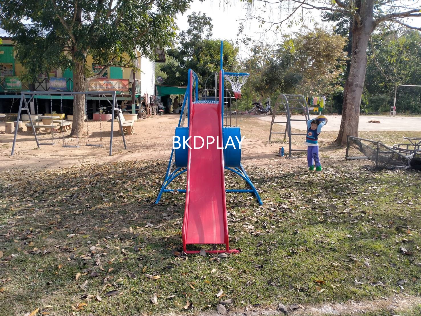 ชุดรวม E เชือกถักใหญ่ ประกอบด้วยสไลเดอร์ชิงช้าปีนป่ายแป้นบาสและถังลอดถ้ำ กระดานลื่นเหล็ก เครื่องเล่นสนามกลางแจ้ง เครื่องเล่นสนามเหล็ก OutdoorPlayground,ผลิตเครื่องเล่นสนาม,เครื่องเล่นในสนามเด็กเล่น,เครื่องเล่นงบสพฐ.,ประชารัฐ, ราคาโรงงาน