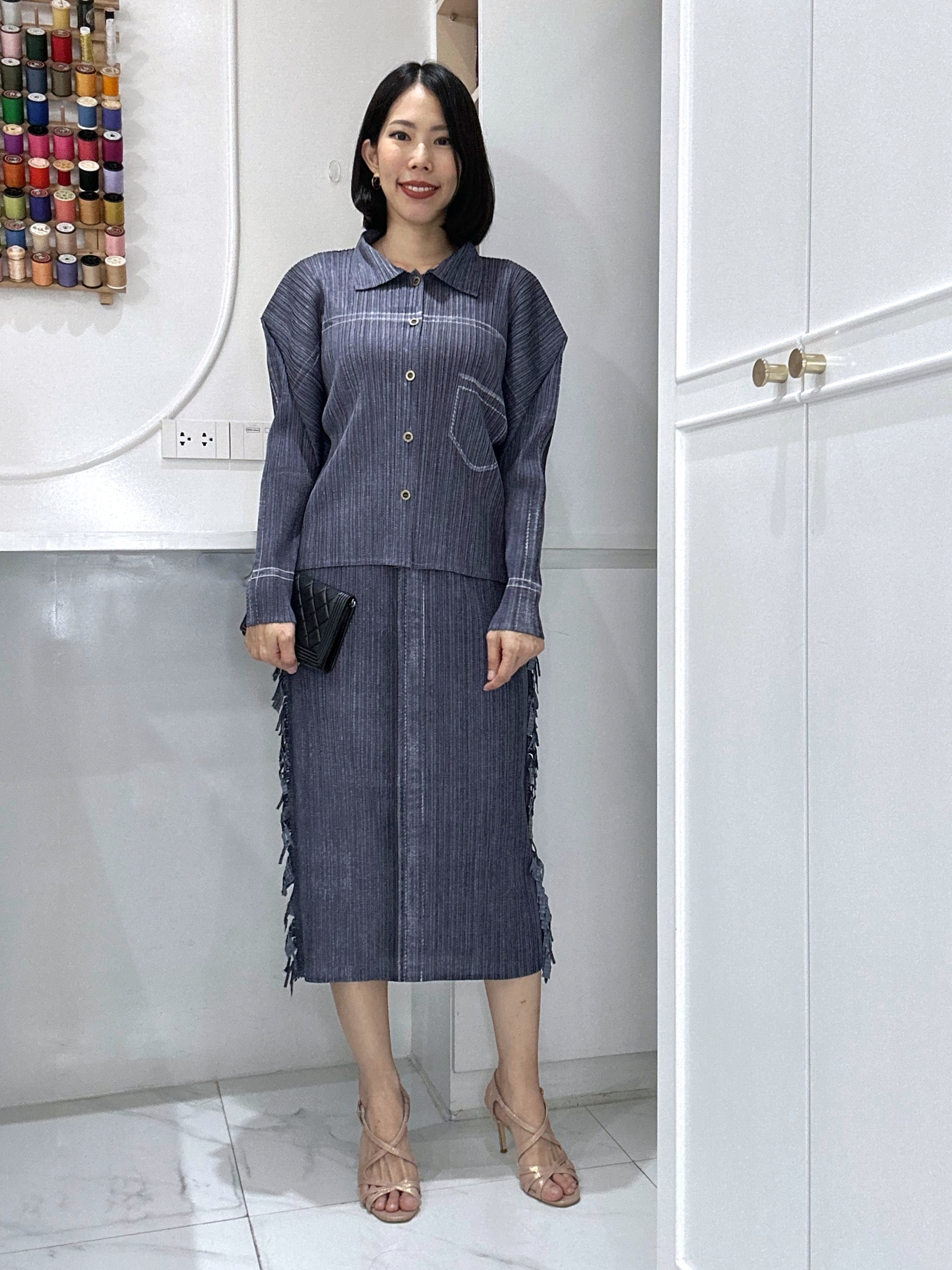 ปรับราคาลง20%!! 2MUAY รุ่น GJO3068-9 / GJO3067-9 เซ็ตพลีทคุณภาพ SHIRT DENIM PRINT TOP WITH FRINGE TRIM SKIRT PLEATED SET 4 สี FREE SIZE