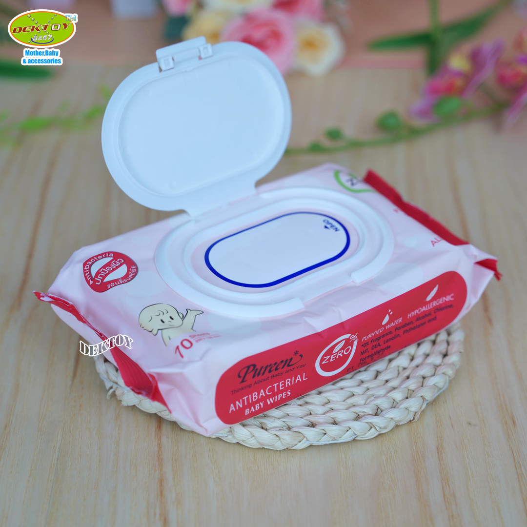 4ห่อ Pureen เพียวรีน ทิชชู่เปียก เบบี้ไวพส์ แอนตี้แบคทีเรียล 70 ชิ้น