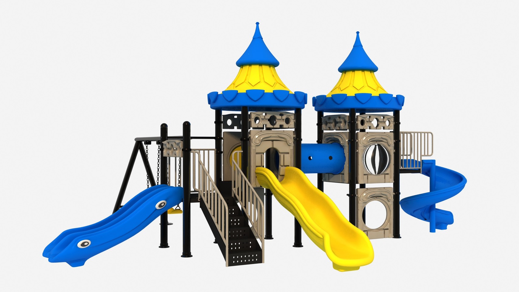 เครื่องเล่นสนามกลางแจ้ง, ชุดปราสาท2มงกุฏพร้อมชิงช้า สนามเด็กเล่น ,เครื่องเล่นสนามกลางแจ้งในร่มราคาถูก, เครื่องเล่นสนามปฐมวัย, playground, outdoorplayground ครุภัณฑ์สนามเด็กเล่น, สพฐ,โครงการโรงเรียนประชารัฐ