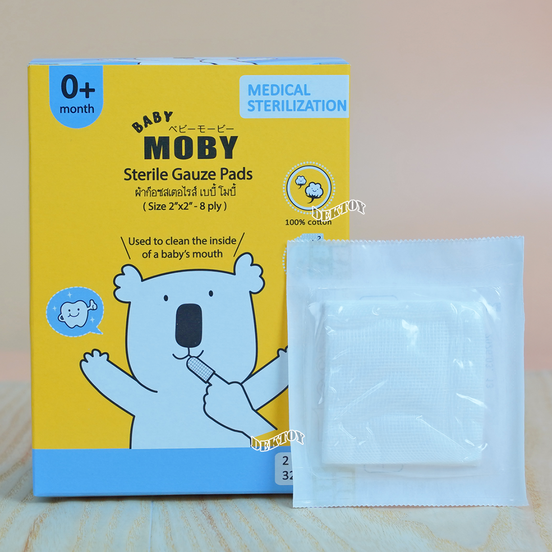 baby moby โมบี้ ผ้าก๊อซเช็ดลิ้นทารก สเตอไรส์ แบบซอง ขนาด 2นิ้ว 32 ซอง(64แผ่น)
