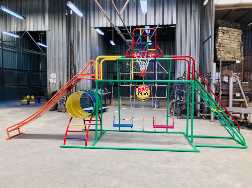 ชุดรวม E เชือกถักใหญ่ ประกอบด้วยสไลเดอร์ชิงช้าปีนป่ายแป้นบาสและถังลอดถ้ำ กระดานลื่นเหล็ก เครื่องเล่นสนามกลางแจ้ง เครื่องเล่นสนามเหล็ก OutdoorPlayground,ผลิตเครื่องเล่นสนาม,เครื่องเล่นในสนามเด็กเล่น,เครื่องเล่นงบสพฐ.,ประชารัฐ, ราคาโรงงาน