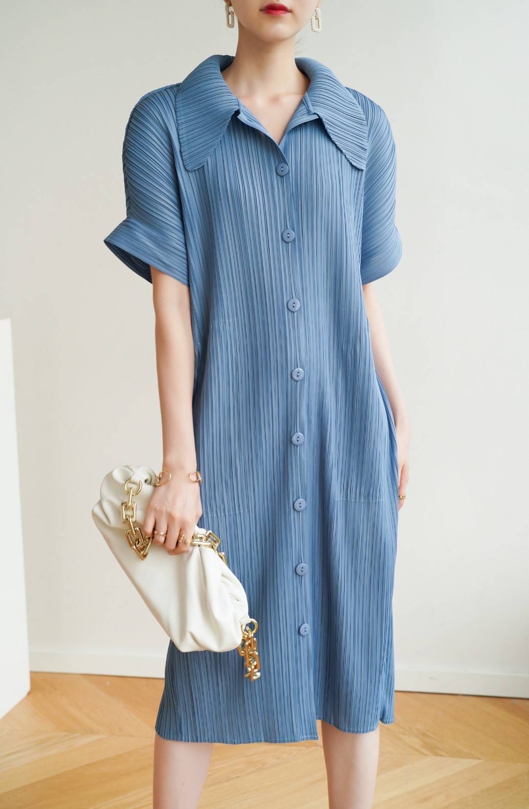 2MUAY รุ่น GJO2087 COLLAR BUTTON FRONT PLEAT DRESS เดรสอัดพลีทงานคุณภาพ 9สี FREE SIZE