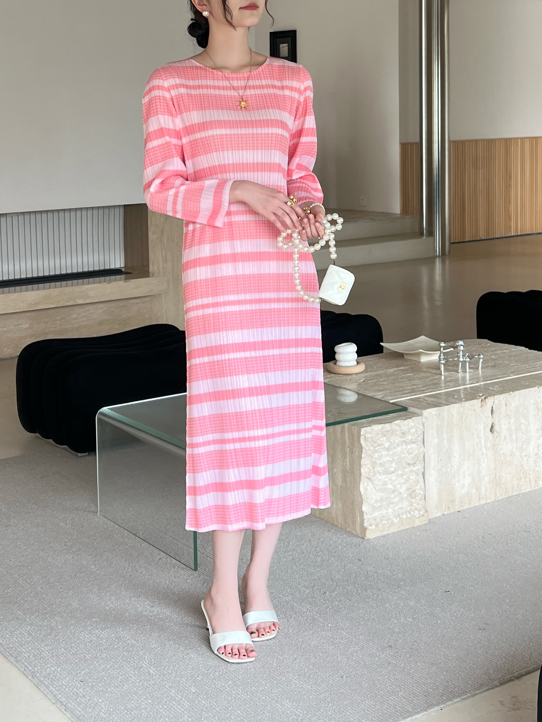 2MUAY รุ่น GJO10256 เดรสอัดพลีท LONG SLEEVE STRIPE PRINTED PLEATED DRESS 6 สี FREE SIZE