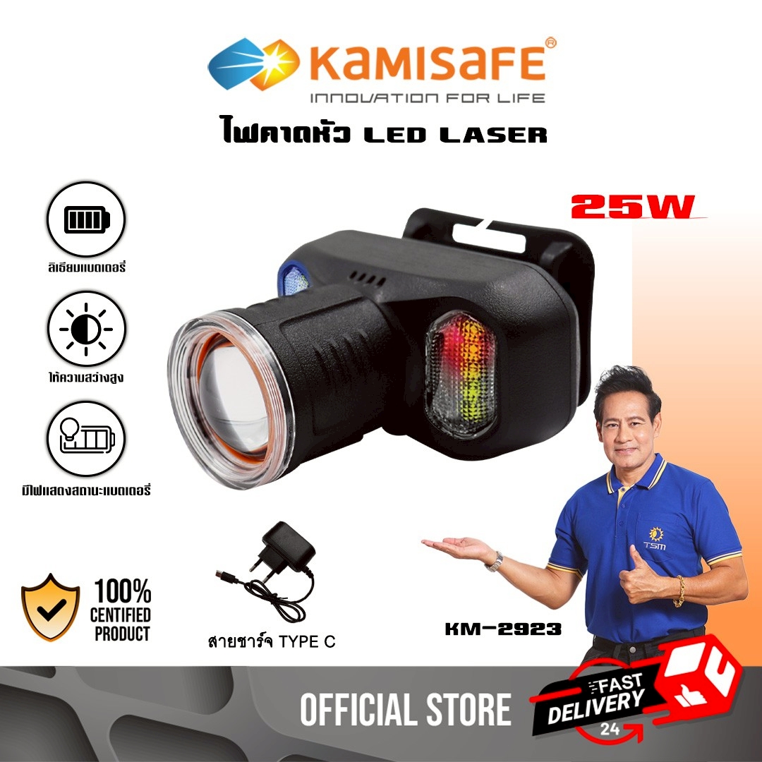 ไฟคาดหัว LED เลเซอร์ รุ่น KM-2923 ไฟฉายคาดหัวมัลติฟังก์ชั่น เลนส์ซูมได้ ไฟฉุกเฉินในตัว พร้อมสายชาร์จ และสายคาดศีรษะ