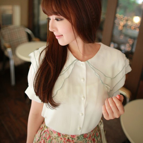 [SALE] เสื้อเชิ้ตแฟชั่น ผ้าชิฟฟ่อนแต่งระบายไหล่-11448