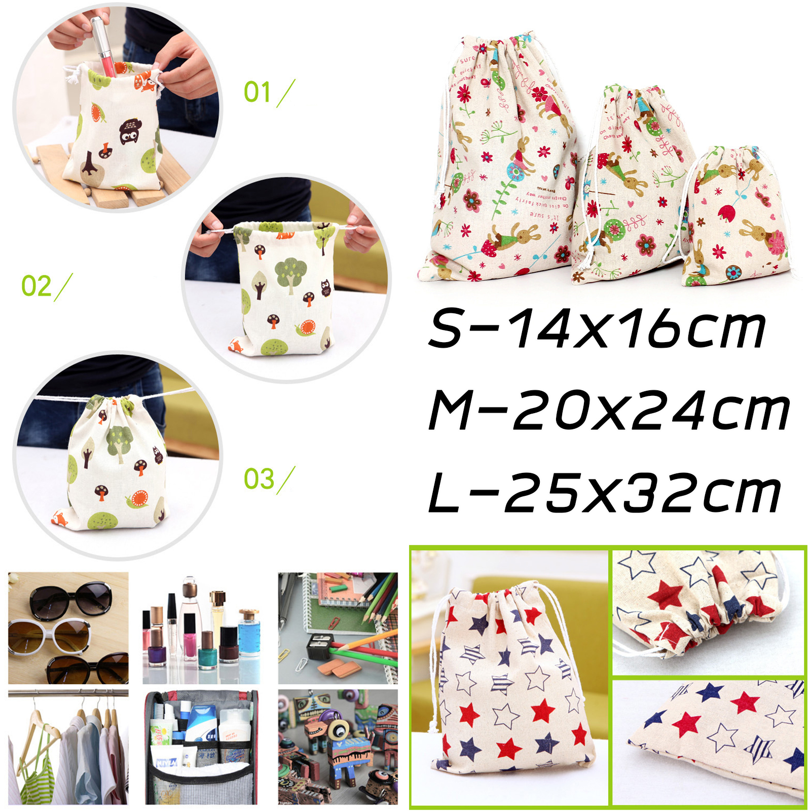 ถุงผูกเชือก Set-2 ผ้าดิบ พิมพ์ลาย มี3ขนาด S/M/L ถุงใส่ของ เครื่องสำอาง เครื่องเขียน จัดระเบียบกระเป๋าเดินทาง พกพาสะดวก