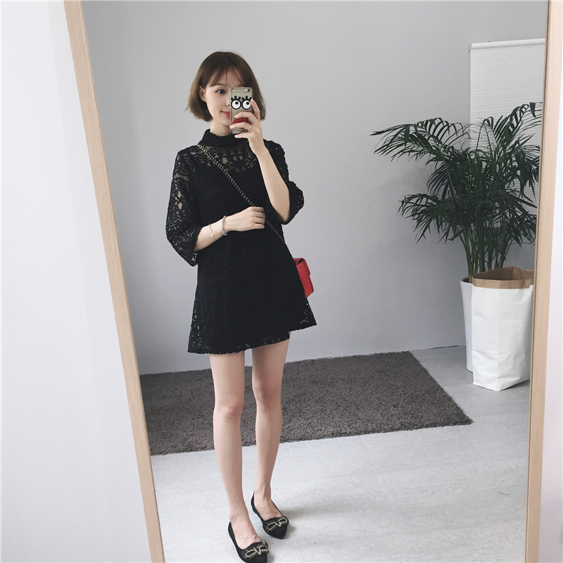 ชุดเดรสลูกไม้คอปิด ซิปซ่อนด้านหลัง ลายลูกไม้ตามแบบ มี 3 สี ดำ/เทา/ขาว