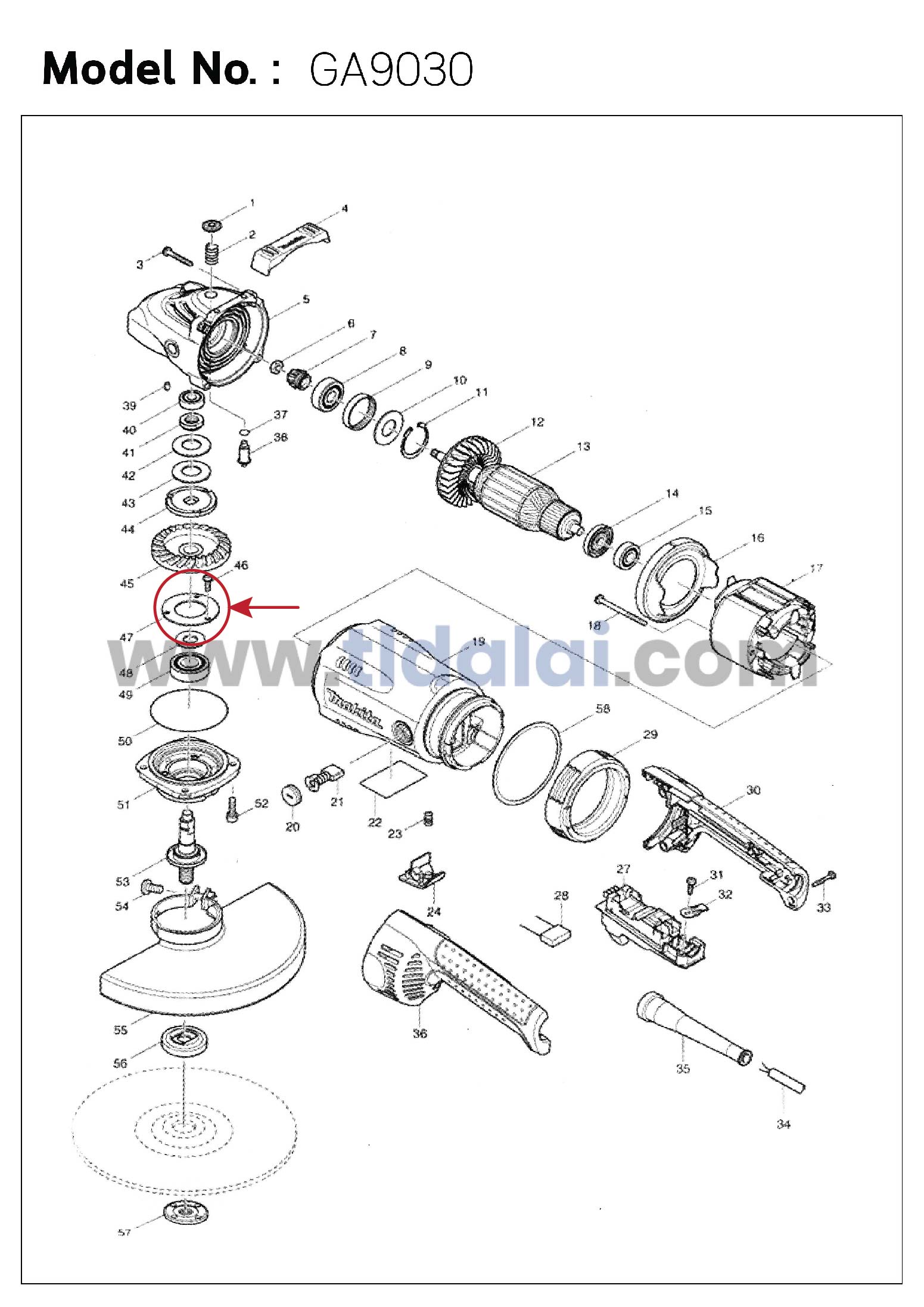 แผ่นรองลูกปืนแกนเฟือง (แท้) (285724-1) หินเจียร Makita มากีต้า รุ่น M9000, B, GA7020, GA7030, GA9030 - Maktec รุ่น MT900, MT901, MT903 (285724-1) (อะไหล่แท้ 100%) BEARING RETAINER 50