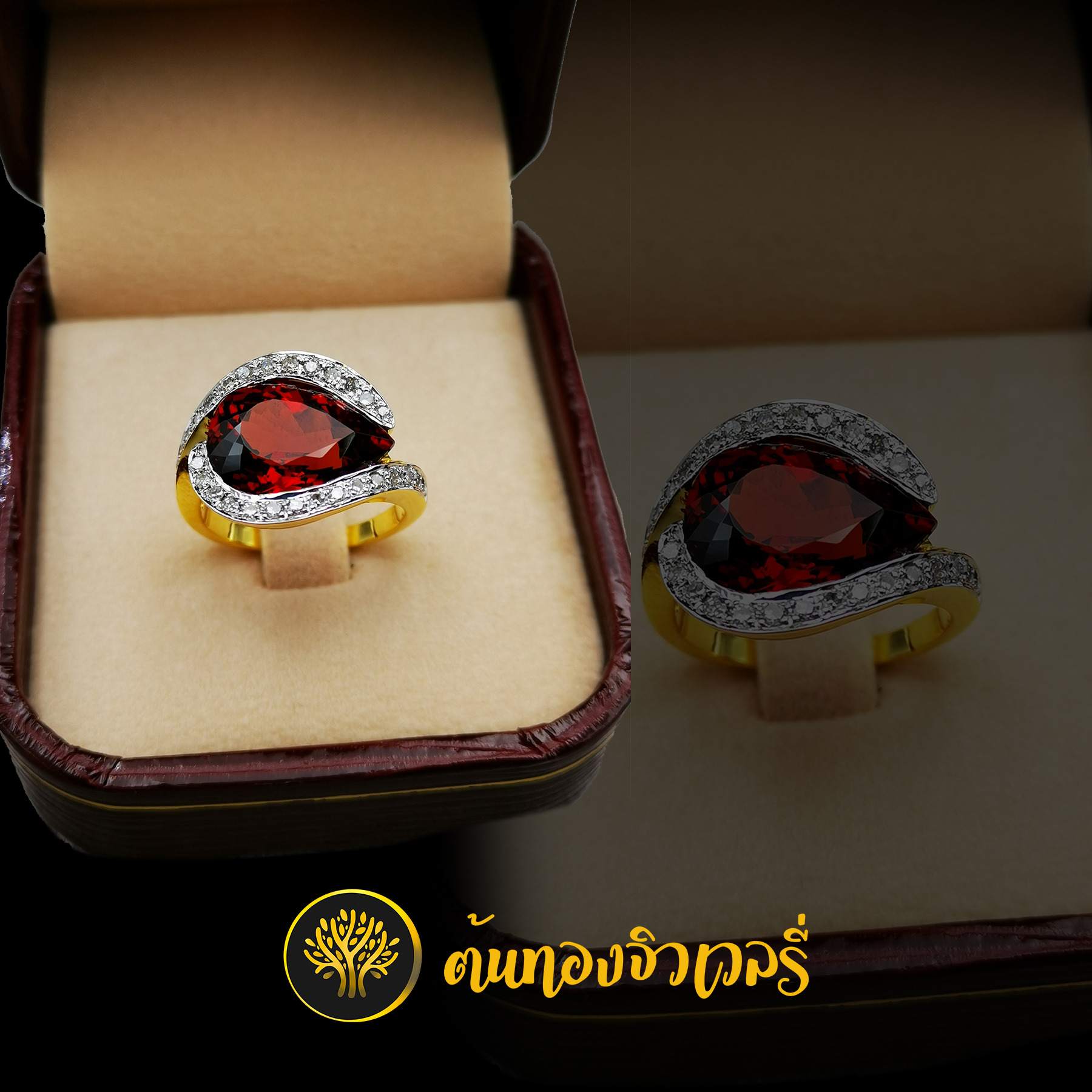 แหวนพลอยทับทิม ทรงหยดน้ำ วางแนวนอน ก้านฝังเพชร สวยๆปังๆเลย