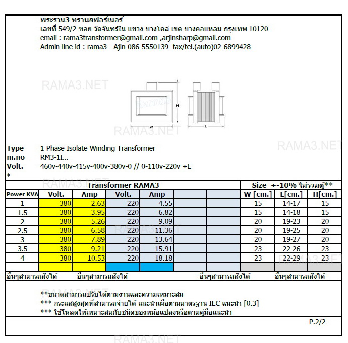 หม้อแปลง 380v 220v 2สาย 1P แยกขด isolate [0-380v-400v-415v-440v-460v 0-110v-220v]