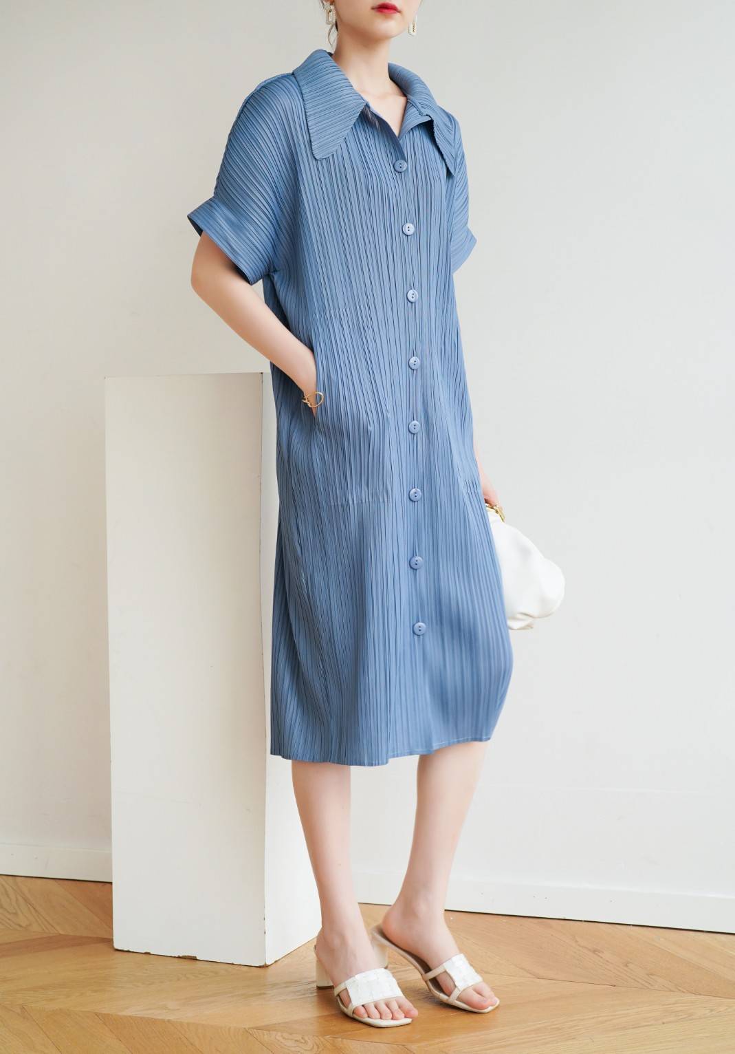 2MUAY รุ่น GJO2087 COLLAR BUTTON FRONT PLEAT DRESS เดรสอัดพลีทงานคุณภาพ 9สี FREE SIZE