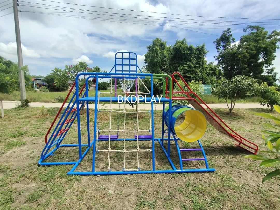 ชุดรวม E เชือกถักใหญ่ ประกอบด้วยสไลเดอร์ชิงช้าปีนป่ายแป้นบาสและถังลอดถ้ำ กระดานลื่นเหล็ก เครื่องเล่นสนามกลางแจ้ง เครื่องเล่นสนามเหล็ก OutdoorPlayground,ผลิตเครื่องเล่นสนาม,เครื่องเล่นในสนามเด็กเล่น,เครื่องเล่นงบสพฐ.,ประชารัฐ, ราคาโรงงาน