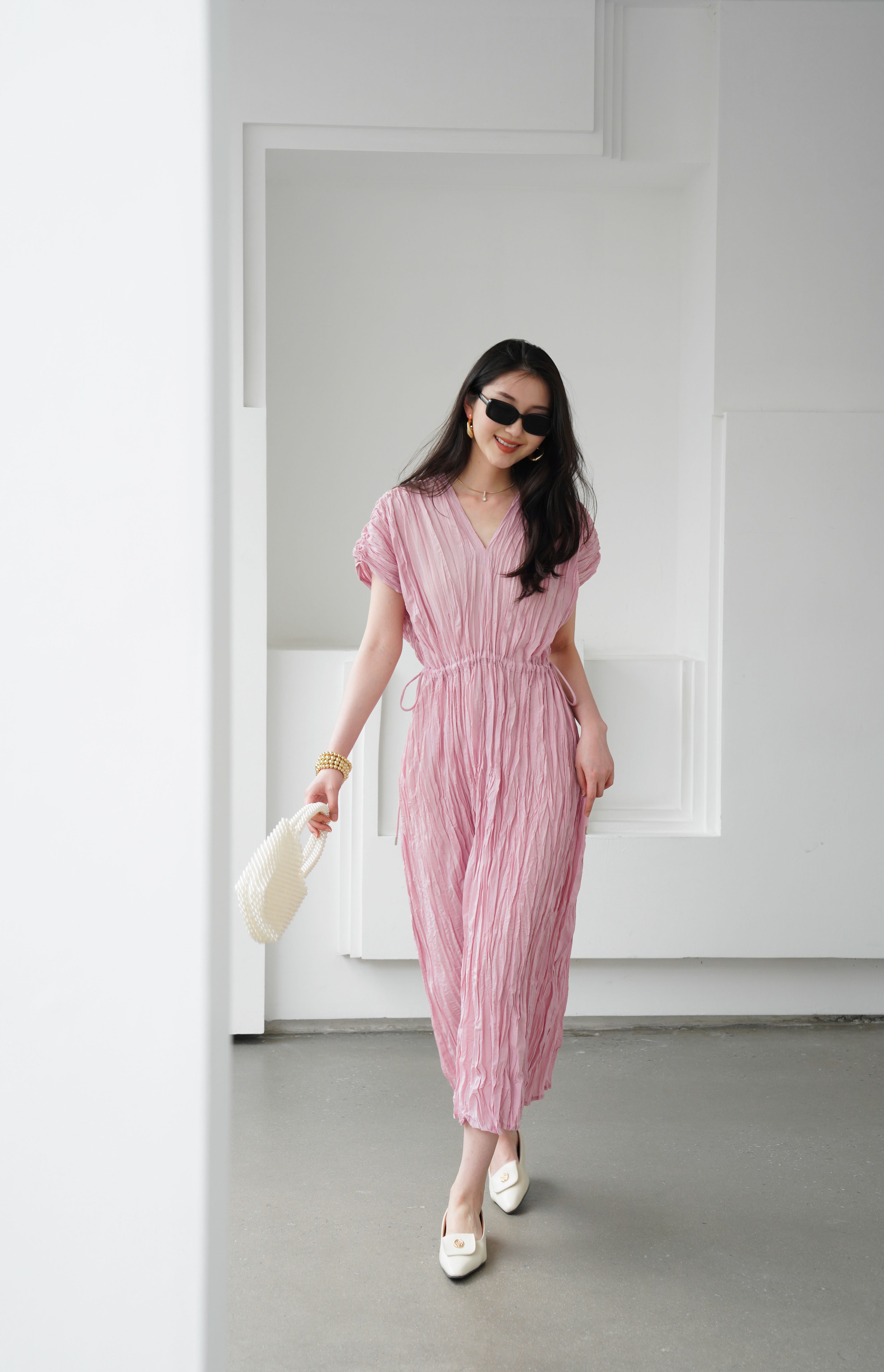 ปรับราคาลง20%!! 2MUAY รุ่น GJO3558 เดรสพลีทคุณภาพ V NECK WAIST TIE PLEATED DRESS 6 สี FREE SIZE