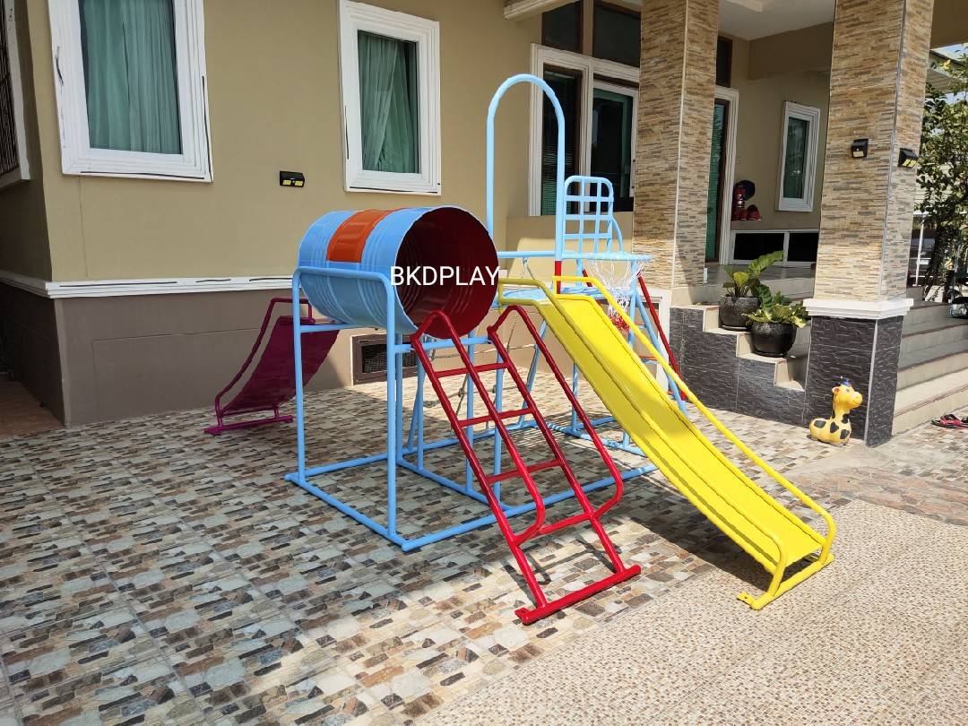 เครื่องเล่นสนามชุดรวมD ประกอบด้วยสไลเดอร์ปีนป่ายแป้นบาสและถังลอด, เครื่องเล่นสนามกลางแจ้ง , เครื่องเล่นสนามเหล็ก, ของเล่น, OutdoorPlayground,สนามเด็กเล่น,เครื่องเล่นงบสพฐ.ประชารัฐ ราคาโรงงาน