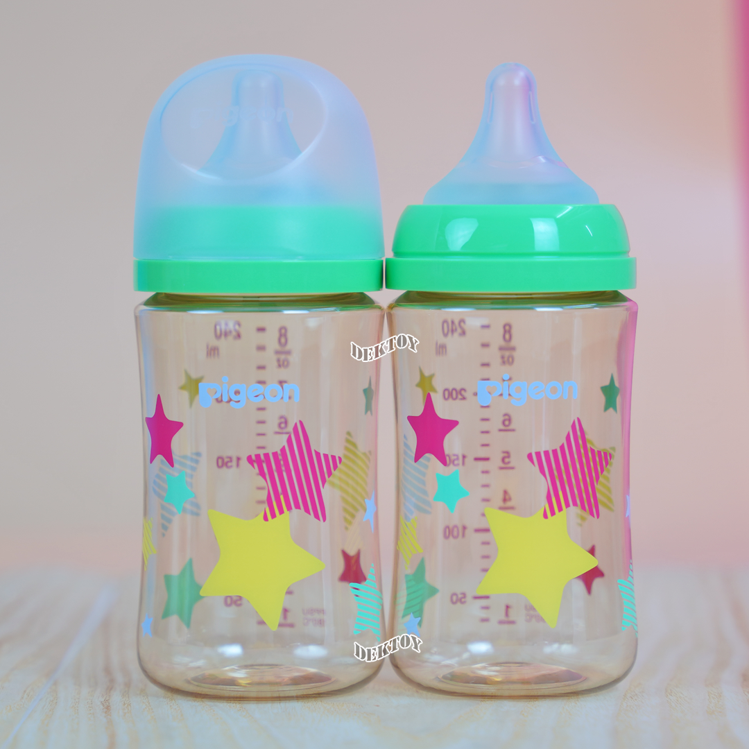 Pigeon พีเจ้น ขวดนมพีเจ้นสีชา PPSU 8 ออนซ์ 240 มล. คอกว้าง แพ็ค2ขวด ลายดาว