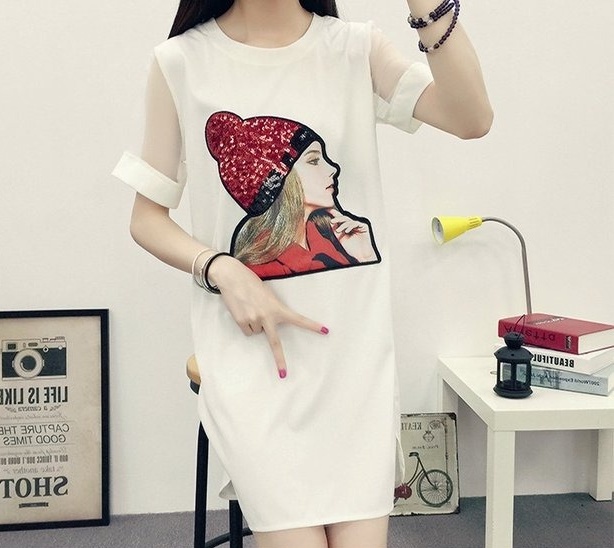 เดรสแฟชั่น ลายตามแบบ แขนซีทรู ลายตามแบบ สีขาว