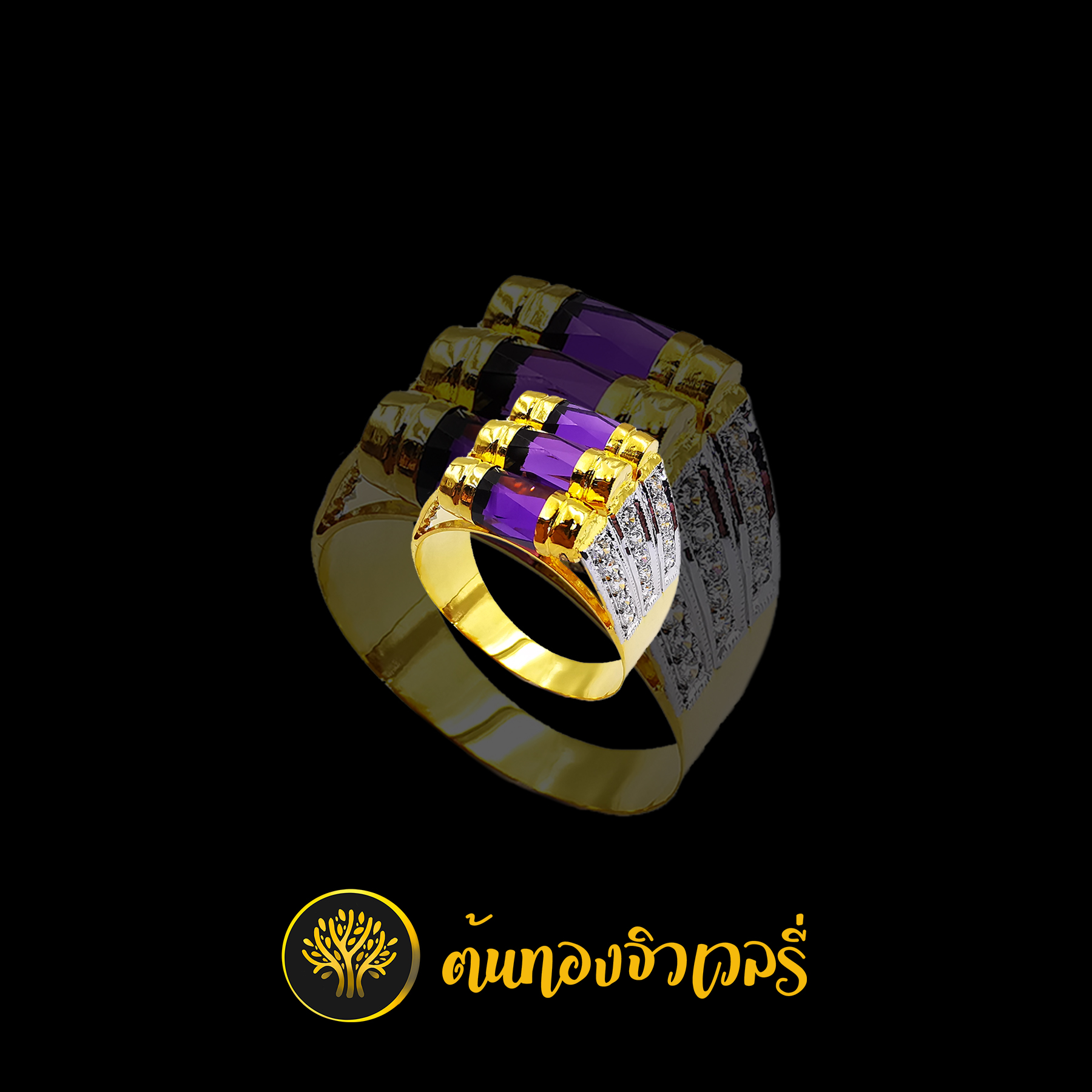 แหวนโกเมนม่วง 3เม็ด ข้างฝังเพชร สวยเวอร์ๆอีกแล้วครับ งานนี้