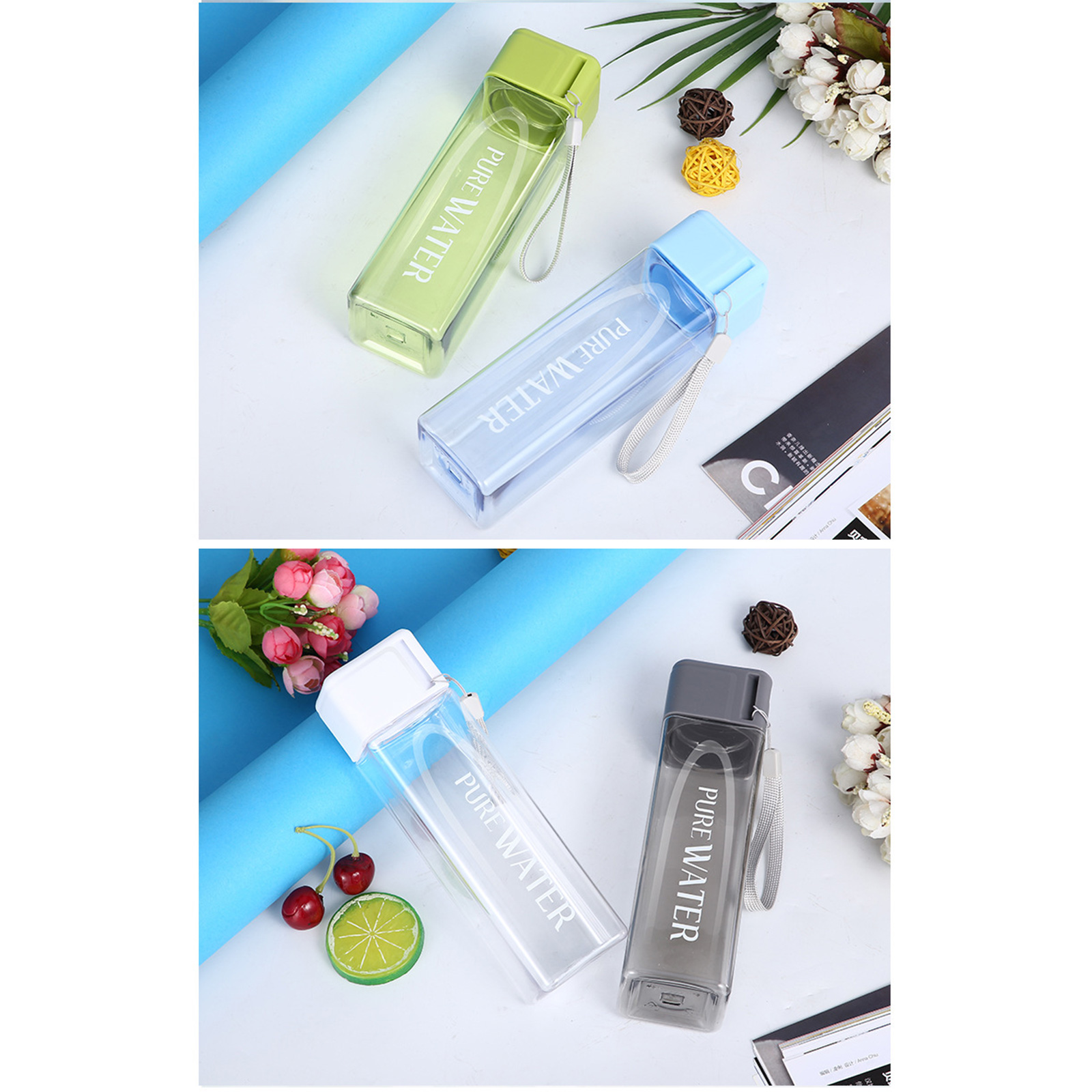 กระบอกน้ำพกพา ทรงสี่เหลี่ยม ขนาด480ml พลาสติก สายเชือก ไม่แตกง่าย มีให้เลือกหลายสี