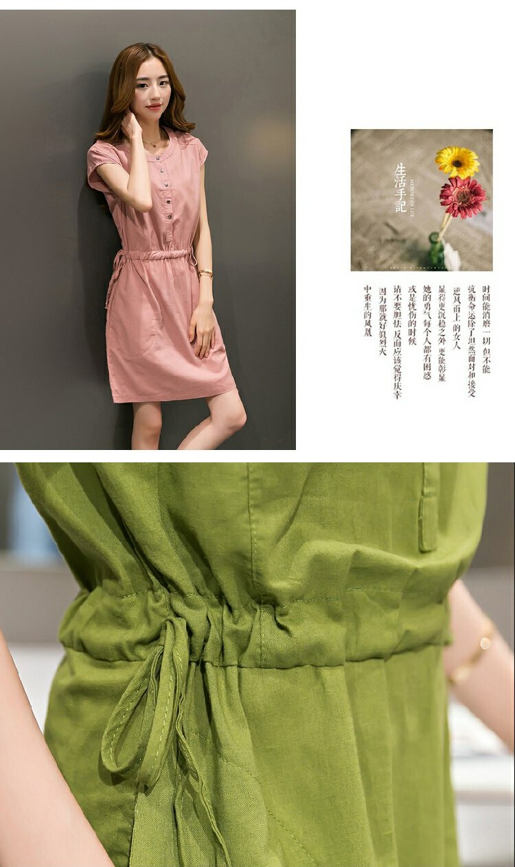 ชุดเดรสผ้าฝ้าย สีแดง มีกระดุม5เม็ด เอวมีสายรูดได้ เหมือนแบบ