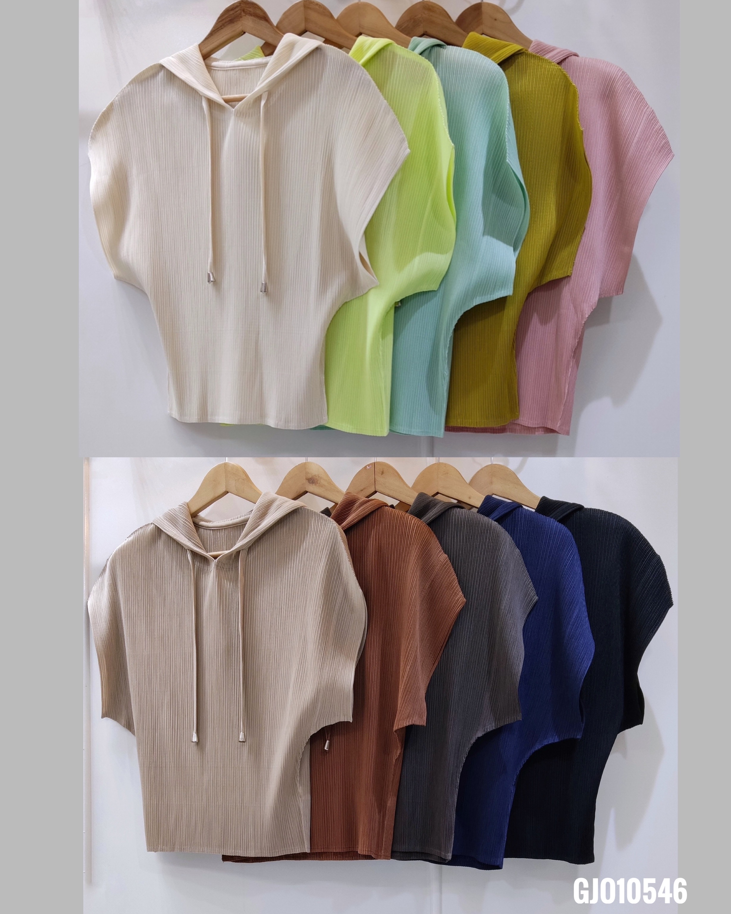2MUAY รุ่น GJO10546 เสื้ออัดพลีท SHORT SLEEVE PLEATED HOODED PLEATED TOP 10 สี FREE SIZE
