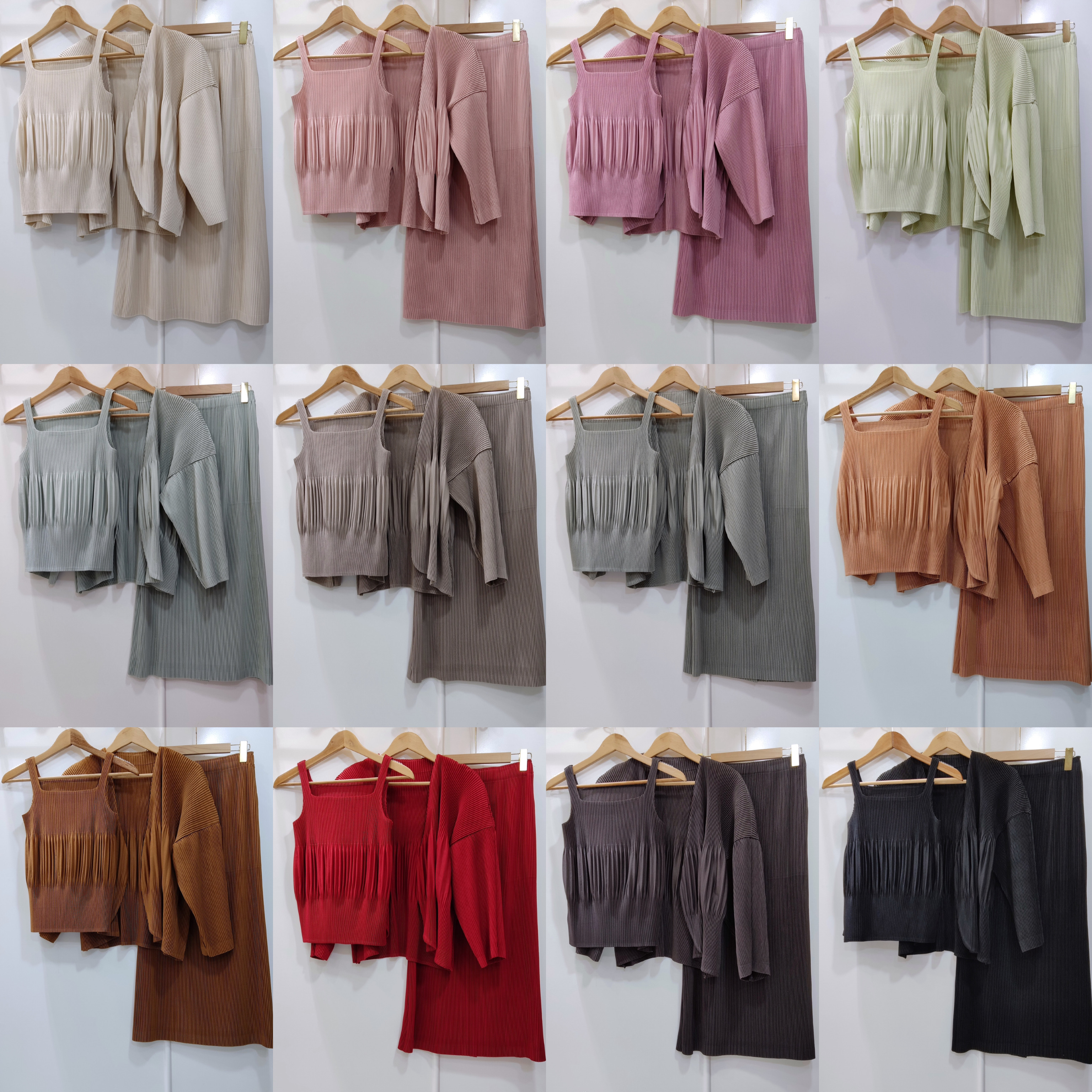 SET 3 ชิ้น 2MUAY รุ่น GJO5161 / GJO5160 / GJO1328 เซ็ตพลีท THICK SQUARE NECK TOP , OPEN FRONT CARDIGAN WITH SKIRT PLEATED SET 12 สี FREE SIZE