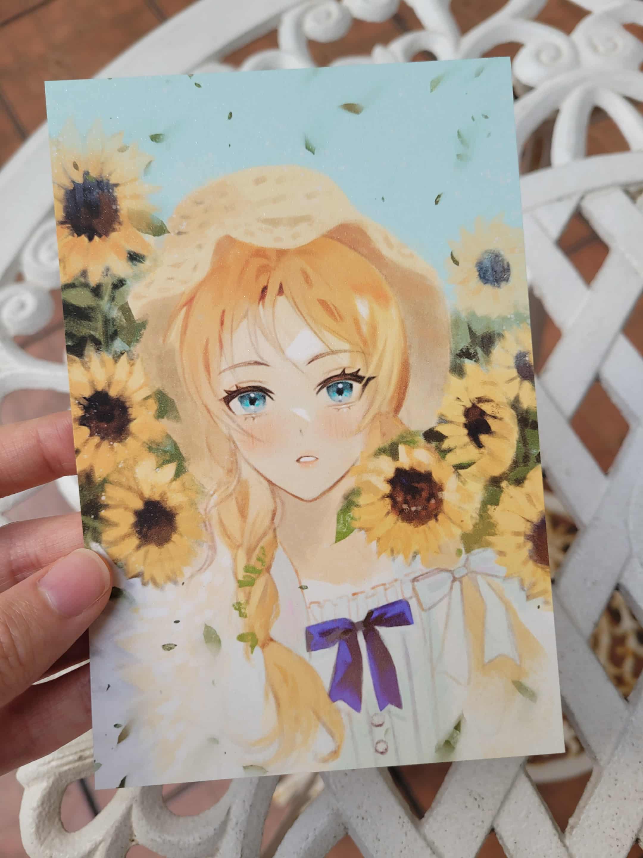 Art Print 4x6" สาวผมทองถักเปีย ดอกทานตะวัน / Blond Pigtails hair Sunflowers