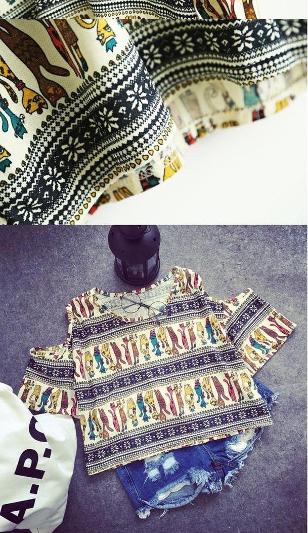 เสื้อผ้ายืดพิมพ์ลายย้อนยุค เว้าช่วงไหล่ ผ้านิ่มลื่น ลายคมชัด ตามแบบ