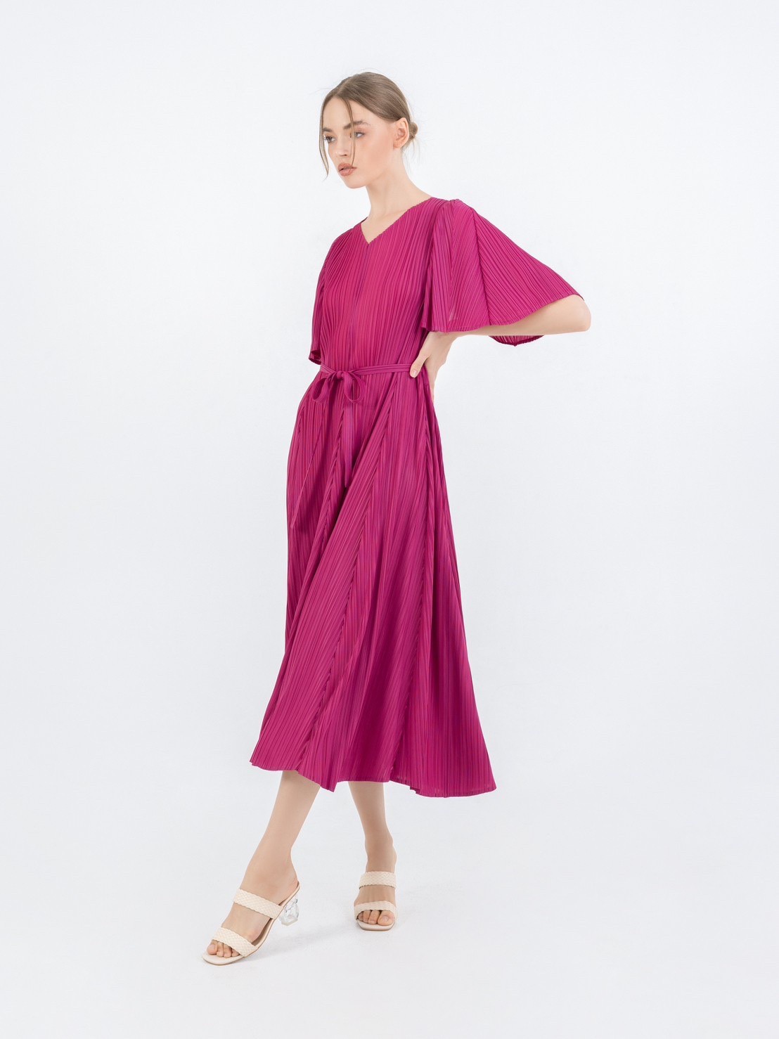 2MUAY รุ่น GJO3653 เดรสผู้หญิง เดรสพลีทคุณภาพ 10สี FREE SIZE V NECK FLARE SLEEVE PLEATED DRESS