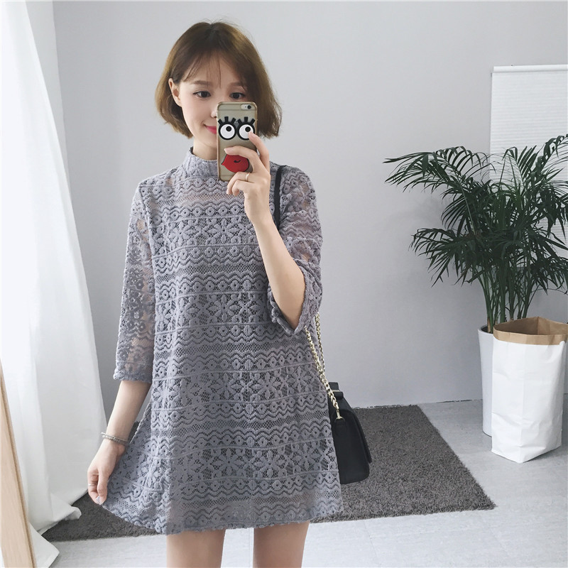 ชุดเดรสลูกไม้คอปิด ซิปซ่อนด้านหลัง ลายลูกไม้ตามแบบ มี 3 สี ดำ/เทา/ขาว