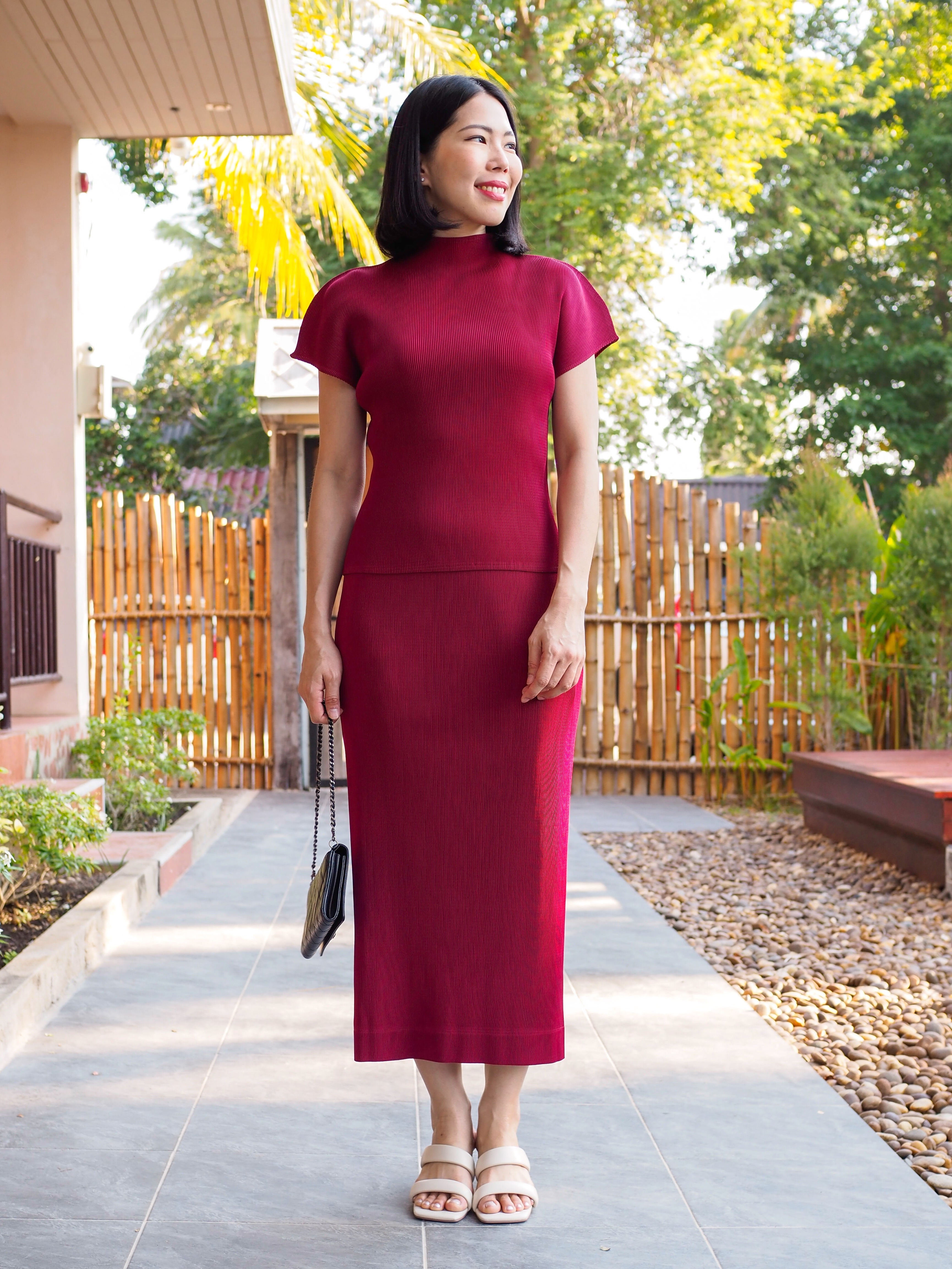2MUAY รุ่น GJO1619-9/ GJO1821-9 เซ็ตพลีทคุณภาพ VOLUME HIGH NECK SHORT SLEEVE WITH SKIRT PLEATED SET 7 สี FREE SIZE