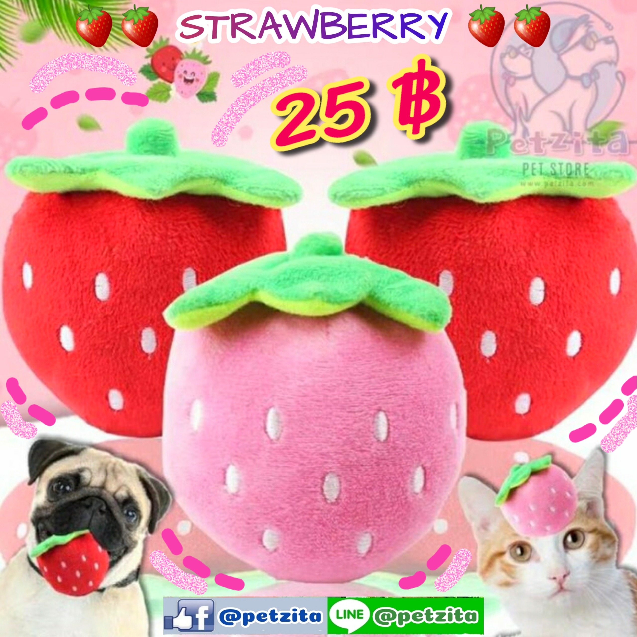 🇹🇭พร้อมส่ง🇹🇭 🍓🍓STRAWBERRY🍓🍓 สตอรเบอร์รี่ ~ ตุ๊กตาของเล่นสัตว์เลี้ยง 🐶 (บีบมีเสียงปี๊บๆ ด้วยนร้า )