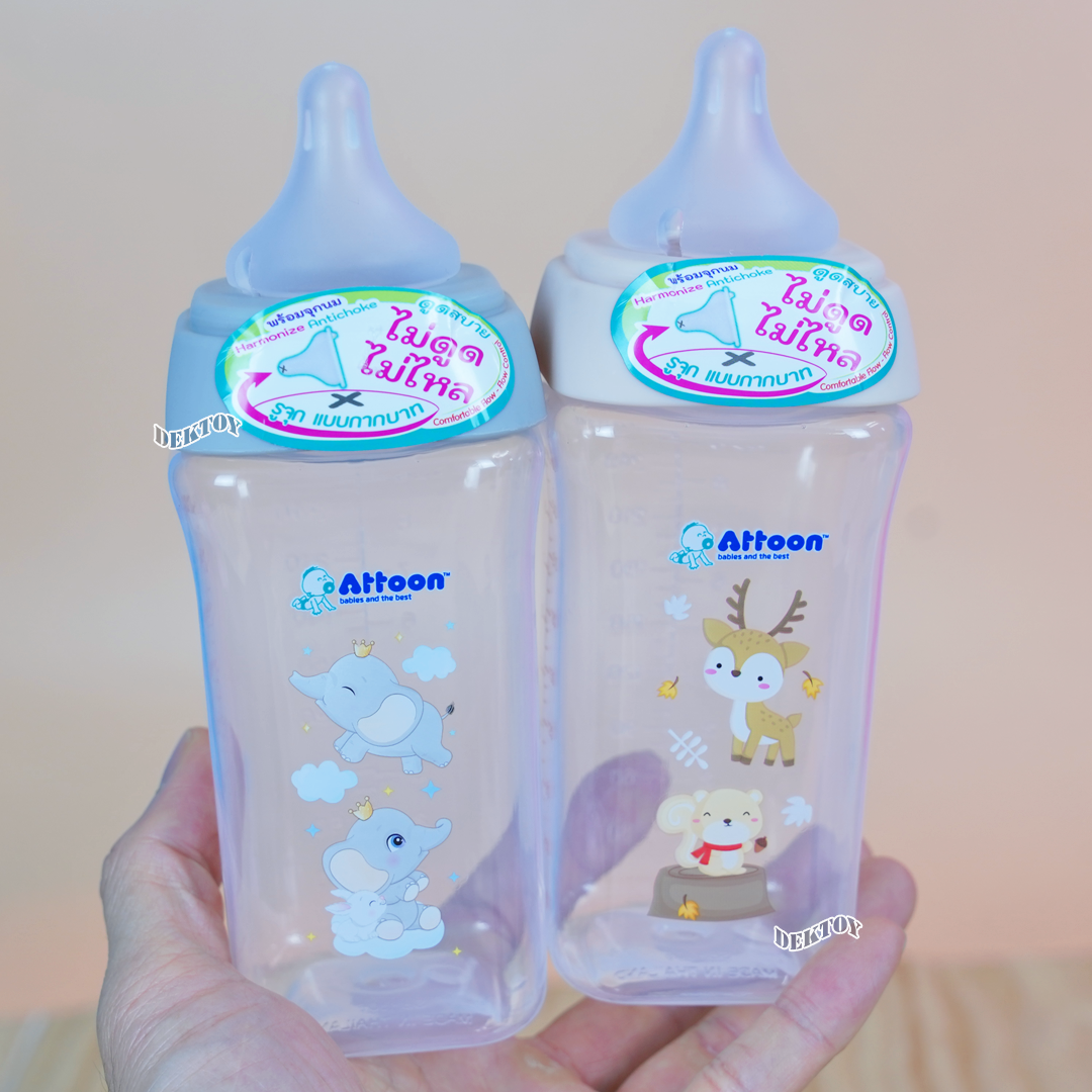 ขวดนมแอทตูน PP คอกว้าง ขนาด 5 และ 9 ออนซ์ มาพร้อมกับจุก หนา นุ่ม ไม่ดูดไม่ไหล